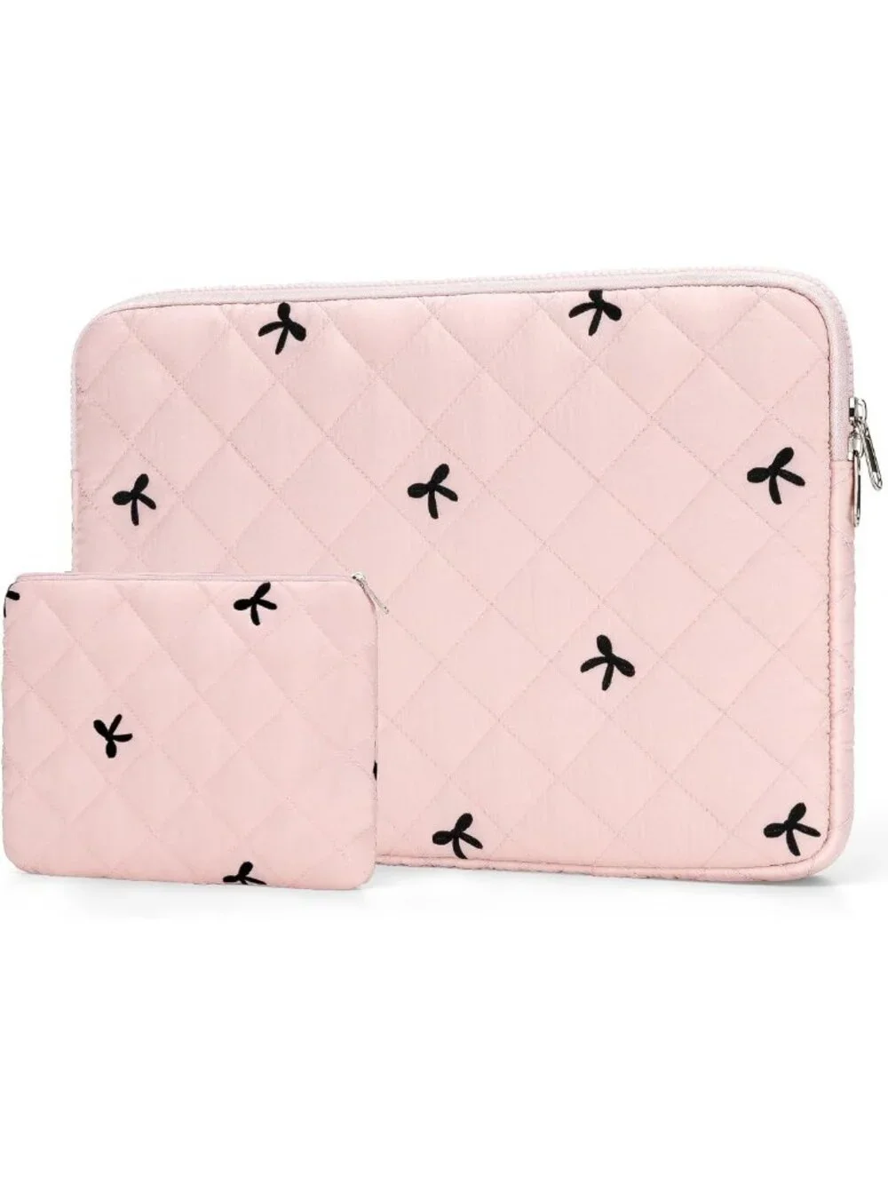 Quilted Pink Laptop Sleeve 13-14 Inch, Bow Embroidery & Pouch, Stylish
